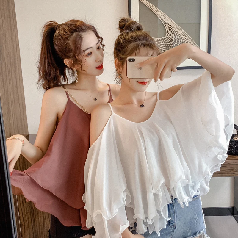 

Women's New Summer Sexy Tops Sleeveless Off Shoulder Ruffles Women Blouses Spaghetti Top