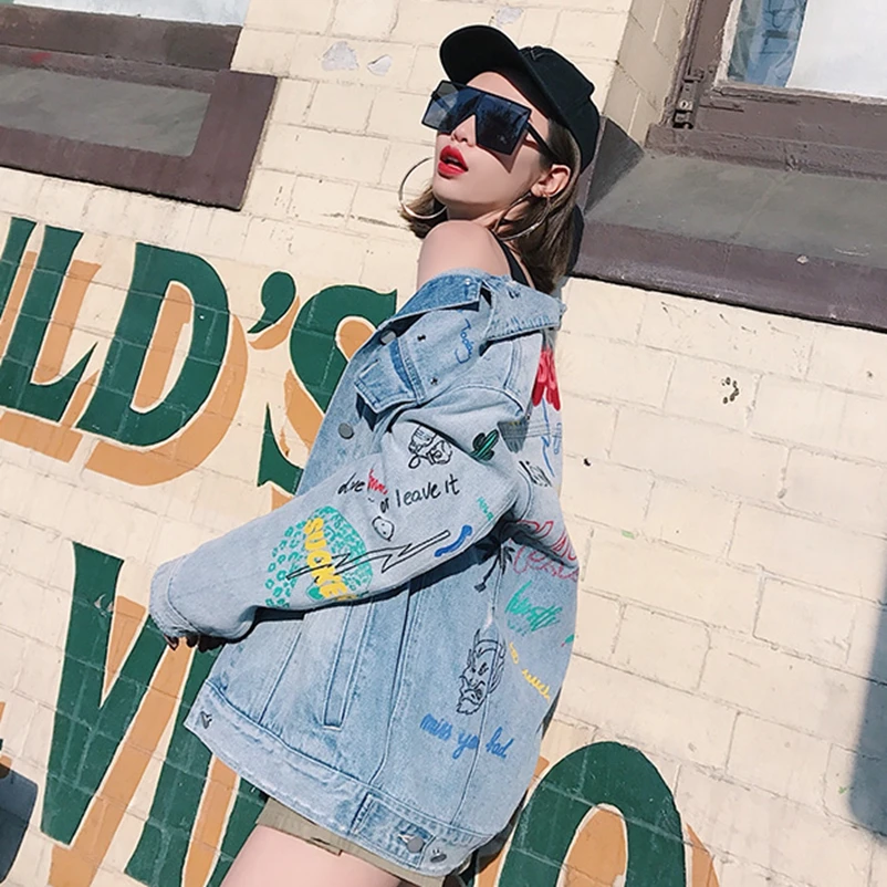 Heavy embroidery embroidered denim jacket bf wind graffiti hole Free shipping