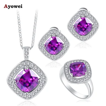 

Trendy Square Design Purple Zircon Crystal Fashion Jewelry Set Silver Stamped Earrings Necklace Ring Sz #6#7#8#9#10 JS633A