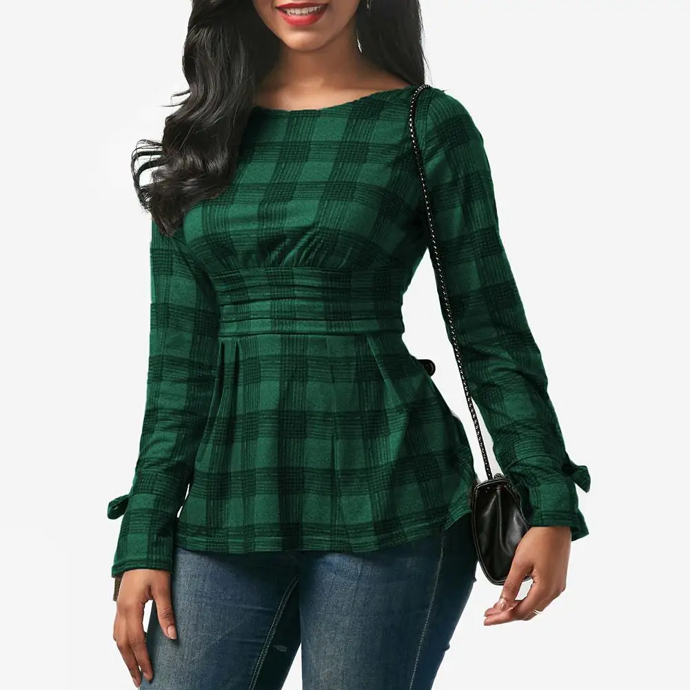

Women Plaid Print Pleated Slim Fit Backless Bandage T-Shirt Long Sleeve Top