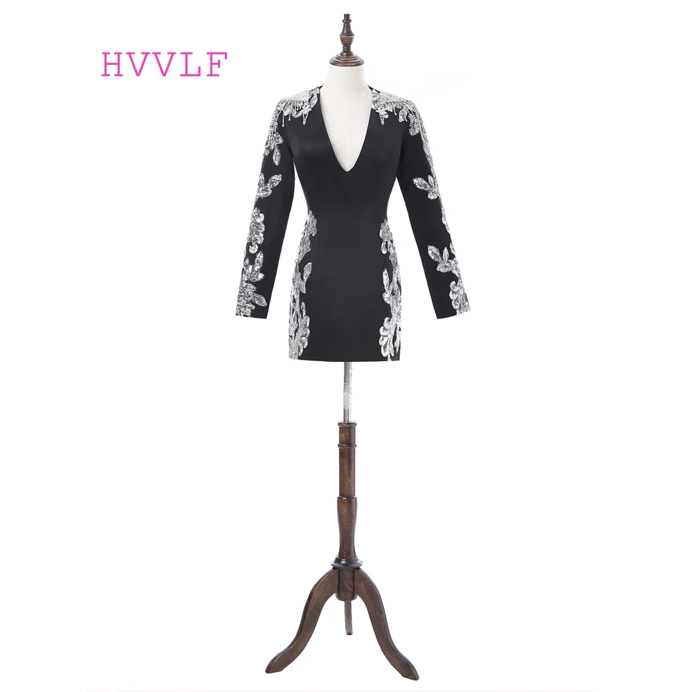 

Black 2019 Formal Celebrity Dresses Sheath Deep V-neck Long Sleeves Short Mini Sequins Open Back Famous Red Carpet Dresses