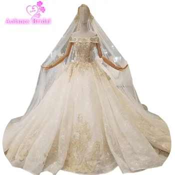 

2018 Champagne Lace Bead Sleeveless Boat Neck Bridal Gowns Chapel Train Floor-length Vintage Wedding Dresses With Long Veil