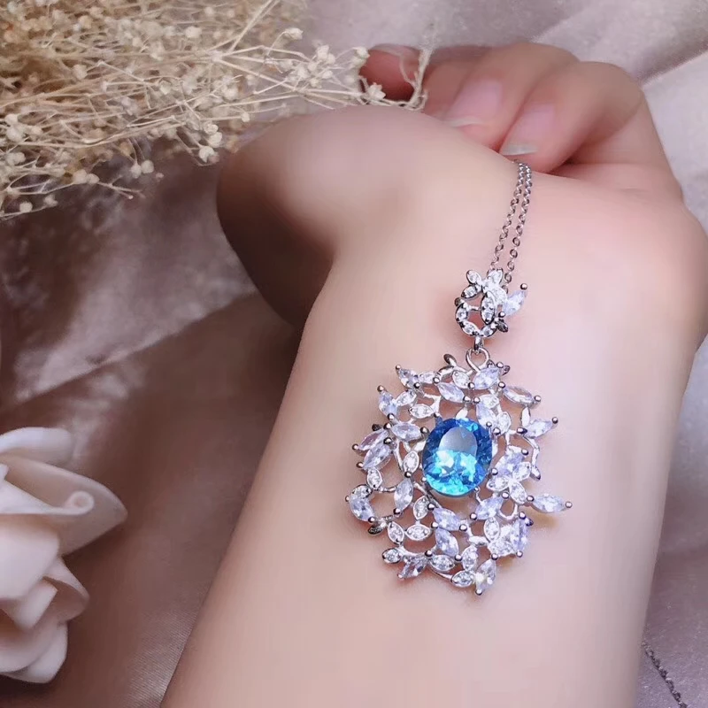  Pendentif en topaze bleue naturelle pendentif en pierres précieuses naturelles S925 argent rétro pe