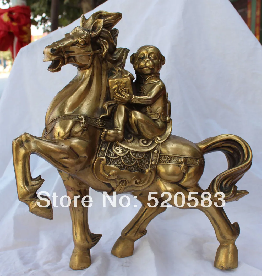 

16" Chinese Bronze Wealth Money MaShang FengHou Monkey On Running Horse Statue