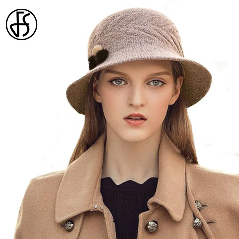 

FS Elegant Winter Wool Felt Hat Gray Brown For Women Wide Brim Casual Bolwler Fedora With Pom Poms