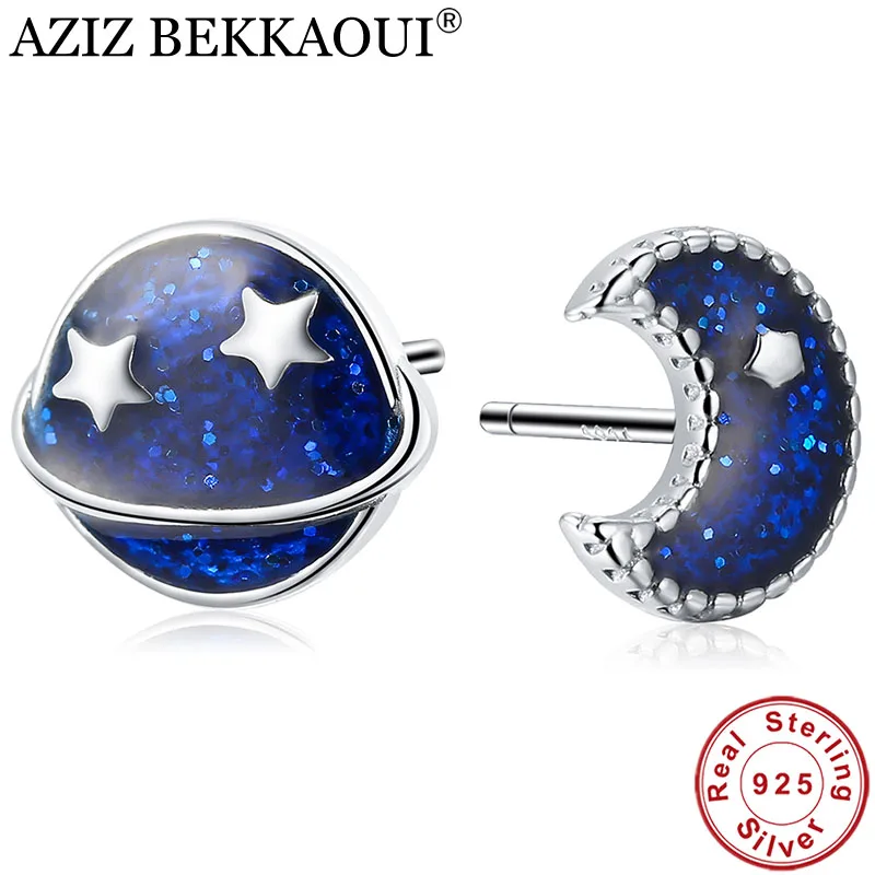 

AZIZ BEKKAOUI Authentic 925 Sterling Silver Blue Moon and Star Stud Earrings for Women Silver Female Earrings Fashion Jewelry
