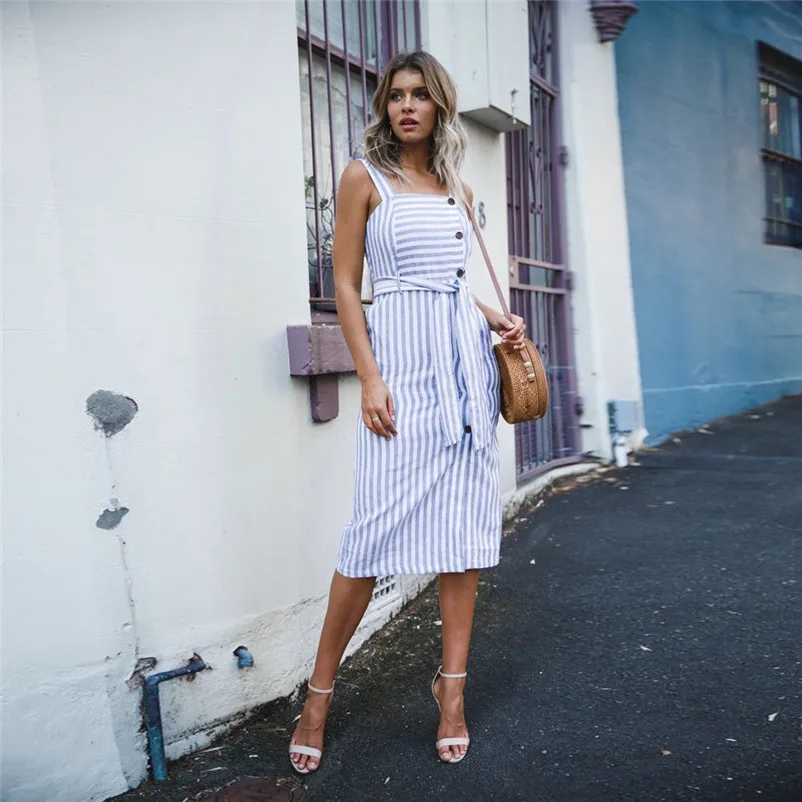 HOT summer dress 2018 beach dress Womens Striped Long Boho Dress Lady Beach Summer Sundrss Button Down Maxi Dress elbise J19#N (1)
