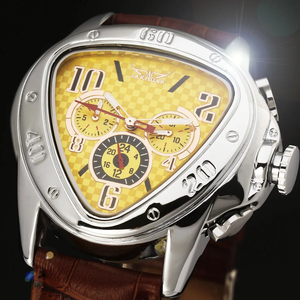 2016 JARAGAR Luxury Orologio Uomo Watch Yellow Triangle Auto font b Mechanical b font Watches Men