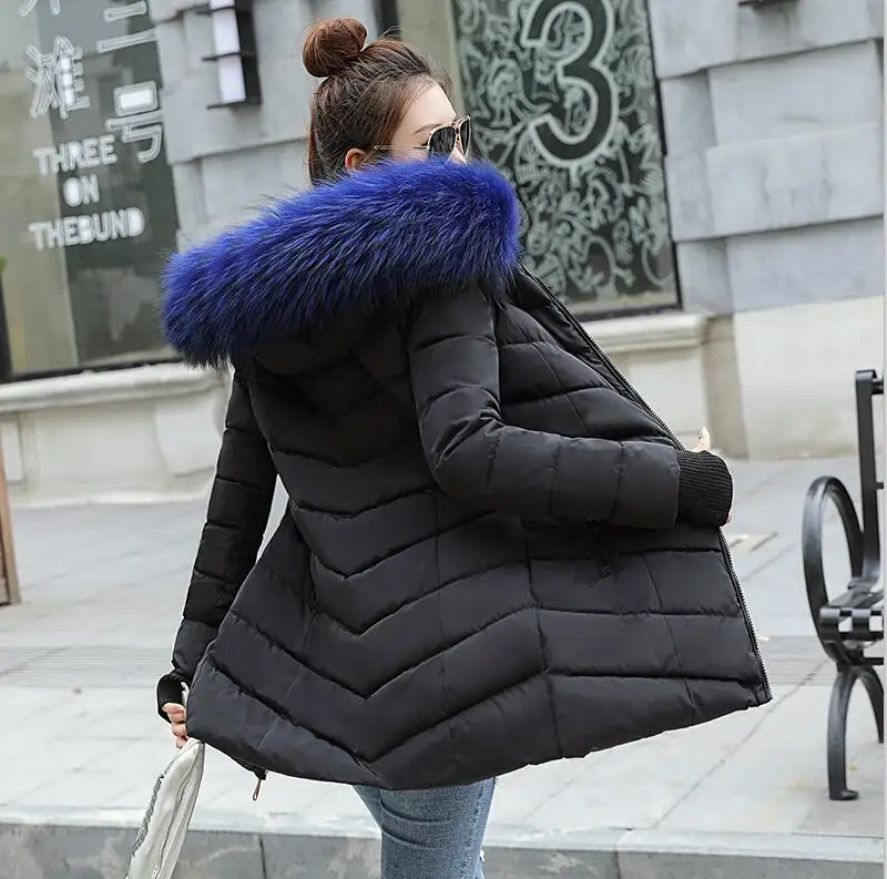 Зимняя женская куртка, Женское пальто, Женская парка, длинный рукав, капюшон, тонкий, сохраняющий тепло, меховой воротник, белое манто femme hiver - Цвет: black
