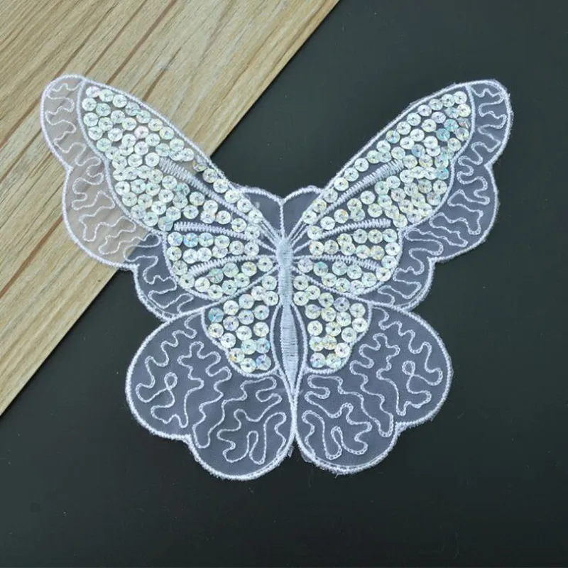 Embroidered sew on patches for clothes white lace butterfly sequins