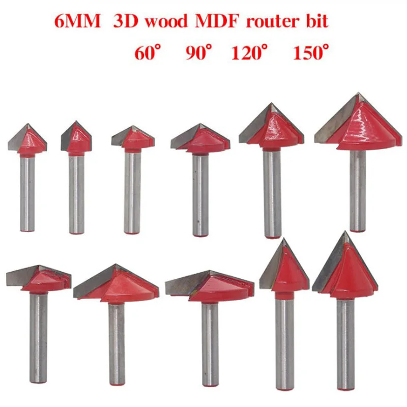 

6mm Shank CNC Solid Carbide End Mill Woodworking Milling Cutter 60 90 120 150 Degrees 3D Wood MDF Router Bit Set Wood Cutter