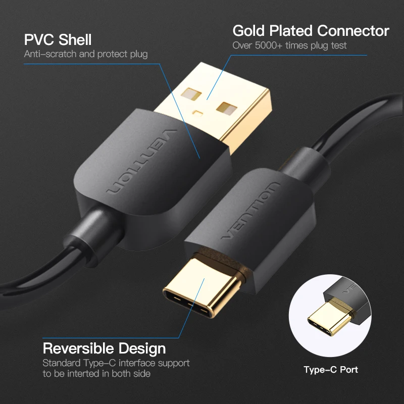 Кабель USB Type C Vention для Samsung S9 S8 кабель быстрой зарядки и передачи данных Xiaomi Mi6 Oneplus 6