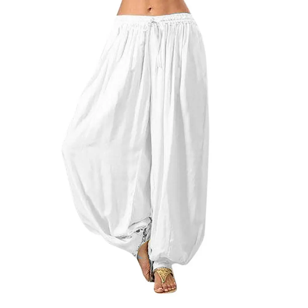 Новые женские модные повседневные брюки в индийском стиле, однотонные Мешковатые Свободные удобные длинные шаровары с высокой талией, брюки, большие размеры - Цвет: Белый