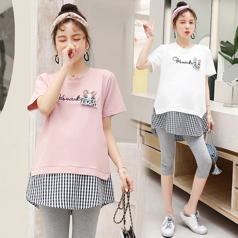 

622# Sweet Patchwork Cotton Maternity T Shirt Summer Casual T-shirt Clothes for Pregnant Women Lovely Loose Pregnancy Tees Tops