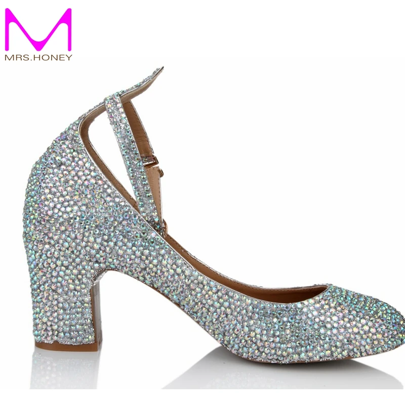 

2016 AB Color Chunky Heel Rhinestone Women Pumps Ankle Straps Prom Wedding Shoes Round Toe Kitten Heel Mother of The Bride Shoes
