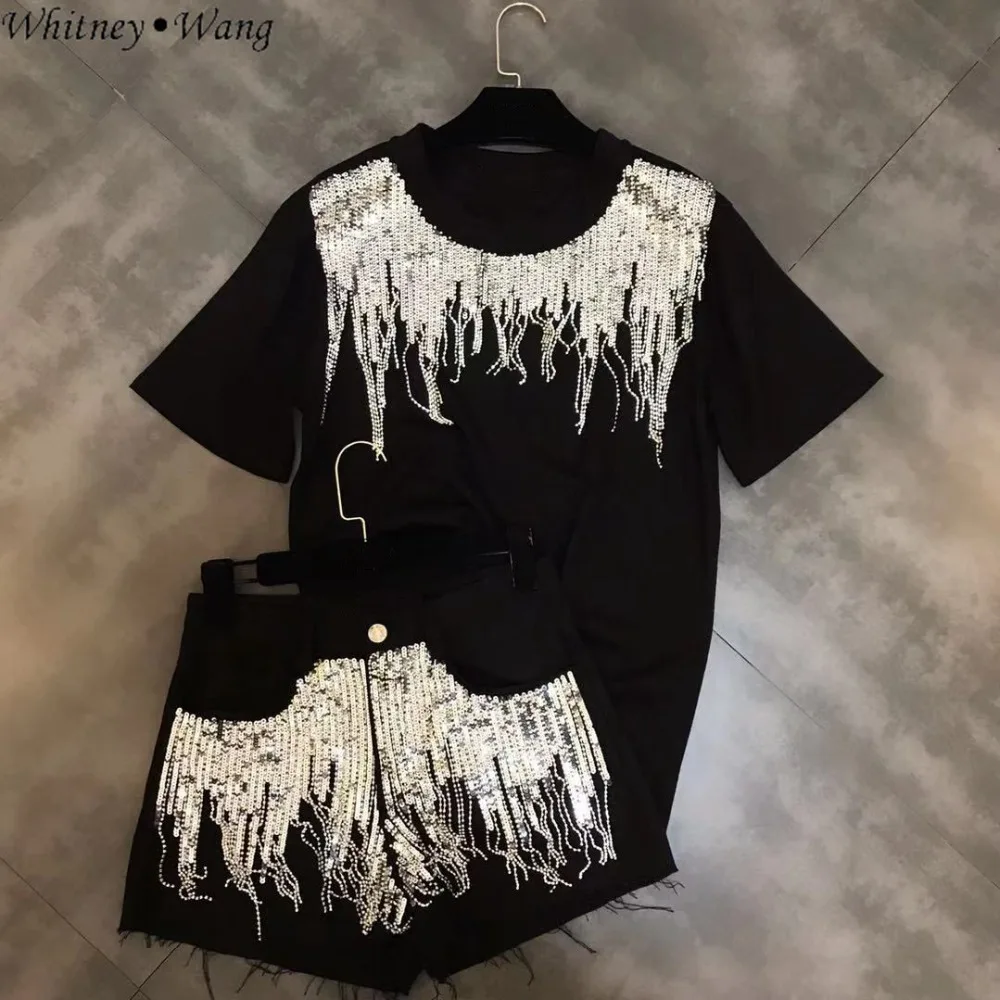 Уитни Ван Лето г. модная уличная украшения с блестками кисточкой футболка для женщин футболки топы корректирующие