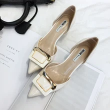 Side buckle pointed toe single shoes woman female high heeled shoes female thin all match shallow women shoes japanned leather