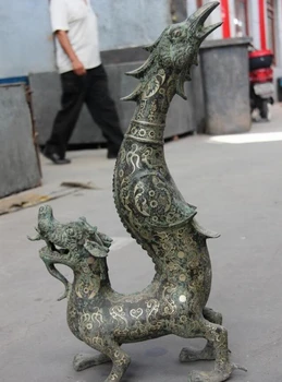 

USPS to USA S0492 23 China Folk old Bronze silver-gilt Feng Shui Dragon Phoenix Auspicious Statue