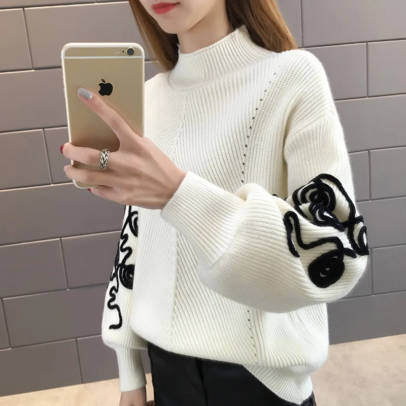 

Semi-high-collar Sweater Female Spring, Autumn and Winter 2019 New Pullover Female Loose Soft Girl Knitted Bottom Shirt