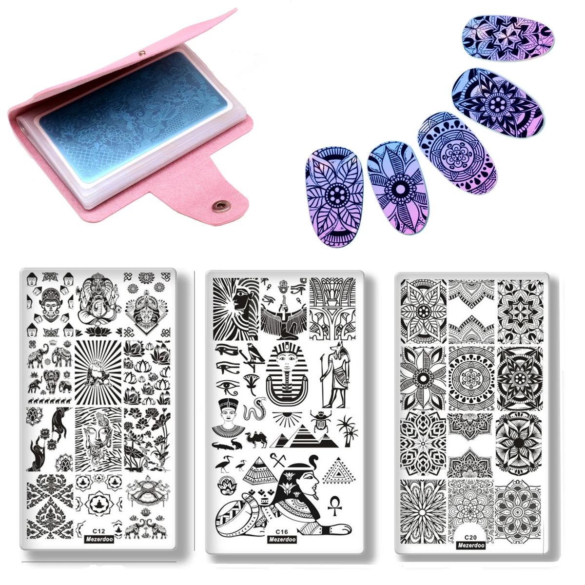 Placas de Imagem com Modelos Suporte de Placa de Couro Buda Faraó Mandala Manicure Unha Arte Polonês Carimbar 4 pc - Set Modelo Unhas 2 High Quality Beleza e saúde