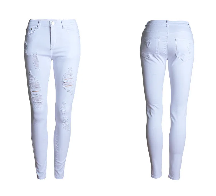 Горячая сексуальная Fittted поцарапанные рваные джинсы Полная длина однотонные белые брюки джинсовые Стрейчевые с посадкой на талии модные узкие джинсы для женщин