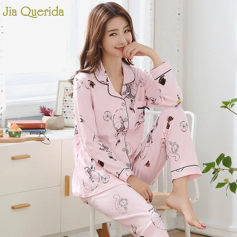 

Pyjamas Set Women 100% Cotton Printing Cute Pink Pajamas Long Sleeves Pants Spring Autumn Homewear Clothing Plus Size Nightwear