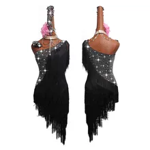 Блестящие стразы, платье для латинских танцев, Женская сексуальная черная косая юбка с бахромой на плече, Женская праздничная одежда для выступлений