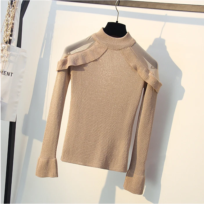 WARMSWAY Lurex трикотажный женский модный тонкий с открытыми плечами сетчатый лоскутный пуловер с расклешенными рукавами свитер шикарный Базовый Топ B-158
