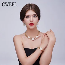 CWEEL Mujeres Oro Imitado Cristal de La Joyería De Moda Nupcial Collar Pendientes Pulsera Anillos Conjuntos de Accesorios Del Vestido