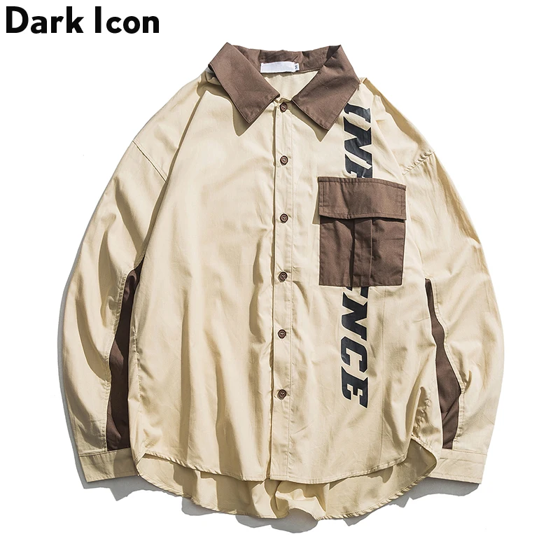 Dark Icon Letter Printed Japanese Harajuku Jackets Men Turn-down Collar Retro Jackets Streetwear Jacket for Man Beige/Green