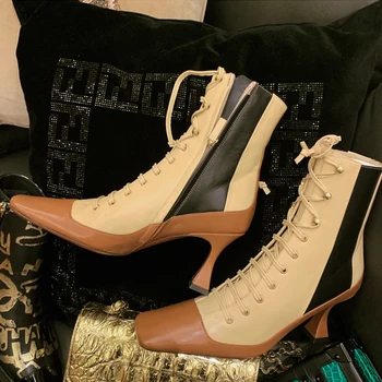 

Women Boots Botas Mujer Tacon Women Shoes High Heels Lace up Boots Fashion Shoes 2019 Zipper Bota Feminina Square Toe Boots