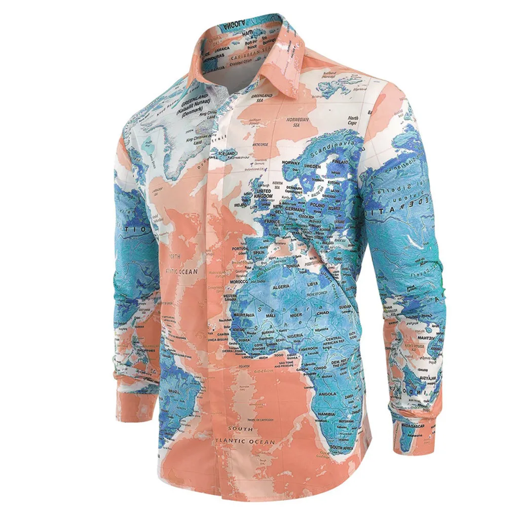 الرجال بلوزة العالم خريطة طباعة خفية زر قميص رجل مضحك المحملة قمصان الربيع الخريف أنيمي قميص 3D قميص Camisa الغمد جديد
