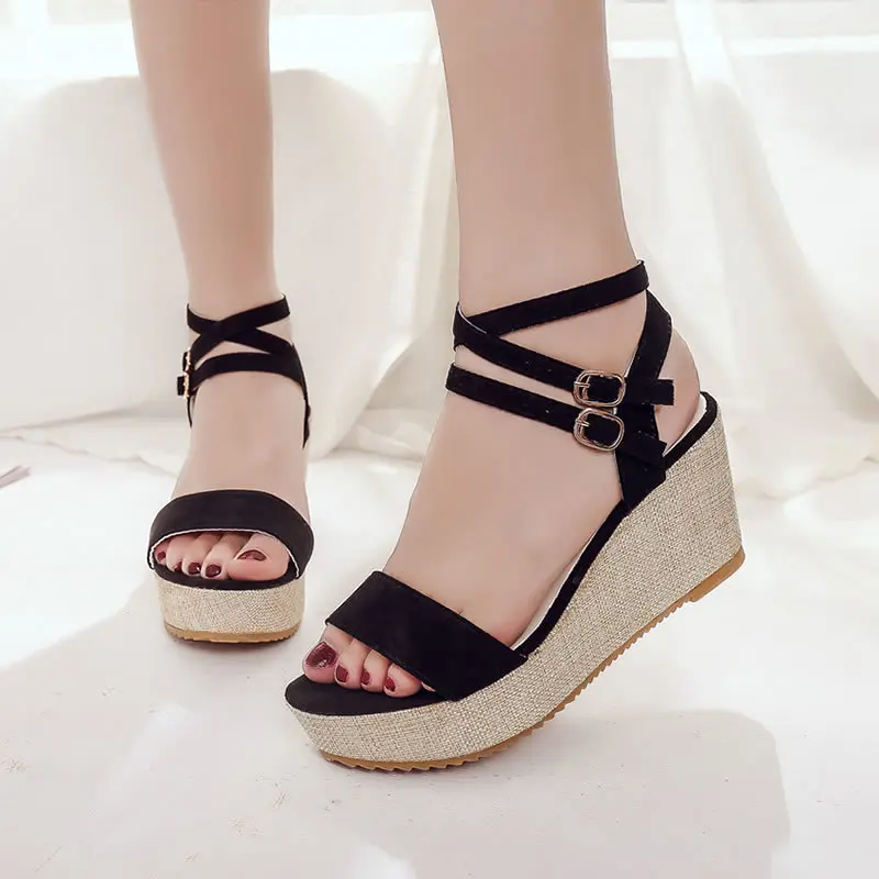 

HEE GRAND New Summer Elegant Casual Sandals Buckle Strap Wedges Med Heels Solid Shoes With Back Strap Size 35-40 XWZ5440