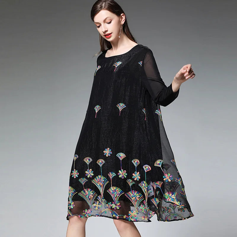 

Spring Summer midi dress Ladies Plus Size elegant floral Embroidery Chiffon Dress long sleeve empire party Dress vestidos XXXXL