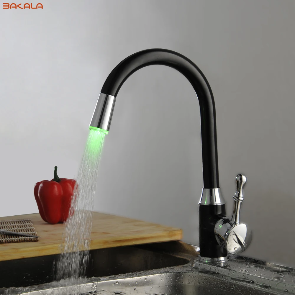 BAKALA Black Led Light For Tap Bathroom Kitchen Faucets Swivel Sink Temperature Sensor Color Led Mixer