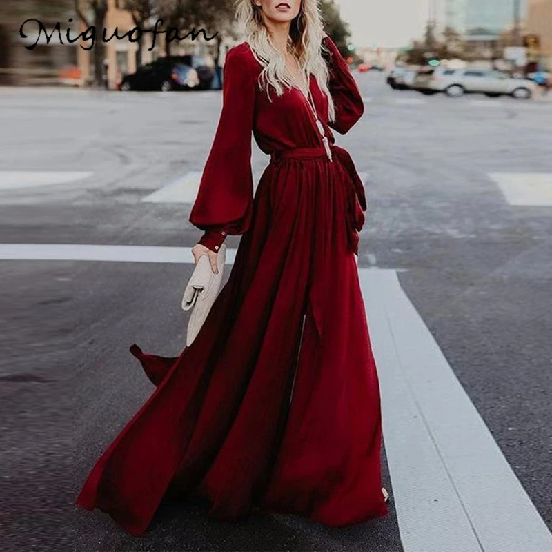 

Miguofan Maxi Dress Women V-neck Split Long Dress Ruffles Party Wear Sashes Loose Women's Dress 2019 New Vestidos