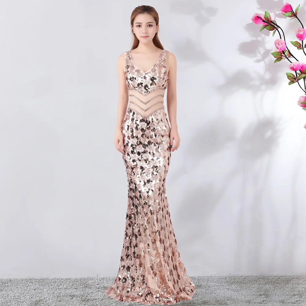 Sumer Dress Sexy Mermaid Prom Dresses 2018 V-Neck High Waist Sequined Vestido Tail Longo Long Prom  Elegant Sequined Dress (1)