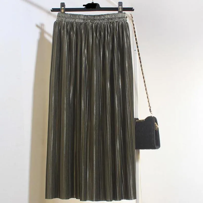 Весенне-летняя новая стильная длинная юбка с эффектом металлик, однотонная плиссированная юбка с высокой талией - Цвет: green
