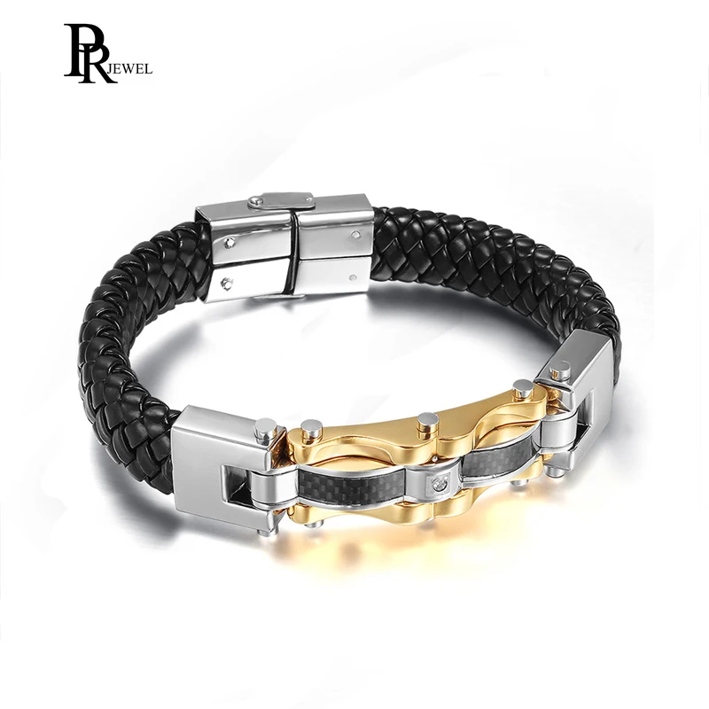 Байкер из углеродного волокна манжета браслет черный серебряный золотой цвет мужской кожаный браслет из нержавеющей стали