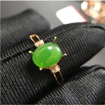 

REAL 18K Gold Rings Natural Golden Hetian Jade ring Gem Size 6*8mm
