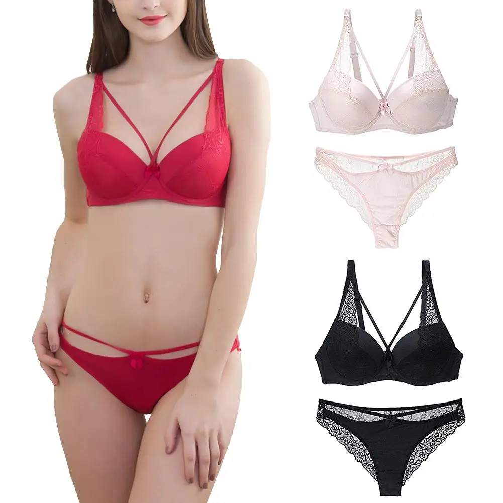 

Fashion Women New Sexy Bra Set Hollow Out Briefs Panties Bra Set Solid Color Lace Sexy Bowknot Push Up Bra Panties Underwear