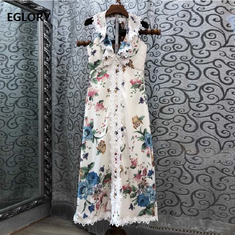 

Sexy Backless Party Club Dress 2019 Summer Style Women Elegant Floral Print Appliques Lace Patchwork Sleeveless Mid-Calf Dress