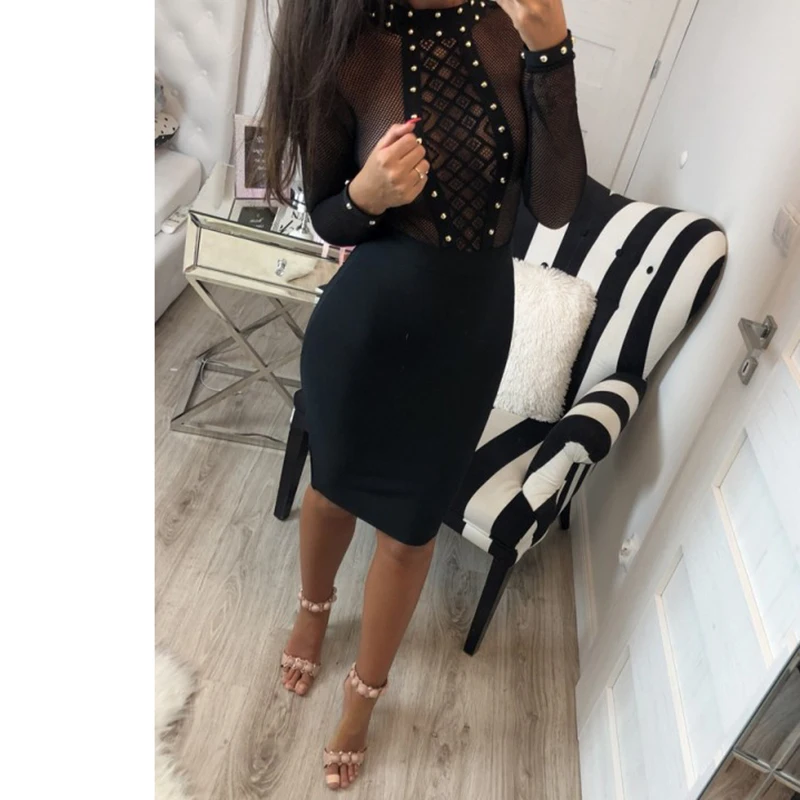 

Women Sexy Dress Pearl Beading See Through Bodycon Dress Long Sleeve Sheath Party Dress 2018 Mini Vestido Femme SJ1394R