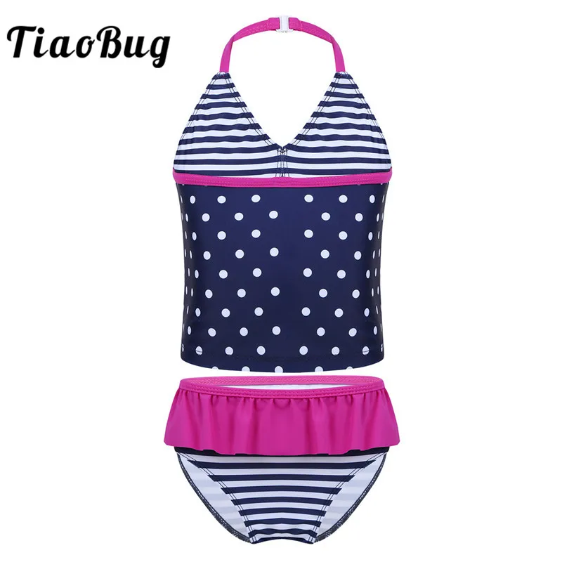TiaoBug/детский купальник Танкини в горошек для подростков, купальный комплект в полоску, детский купальник для девочек, топы с низом, купальный костюм, комплект