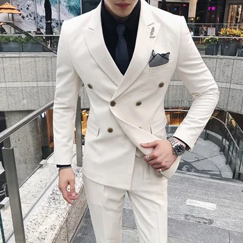 

Jackets+Vest+pants British Style Men Double Breasted Suit Men's Professional Wear Banquet Suit