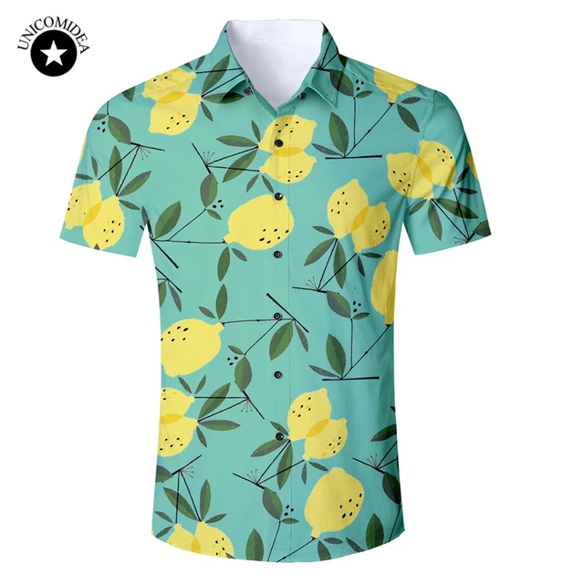 Mens Hawaiian Shirt Male Casual Lemons Printed Beach Shirts Short