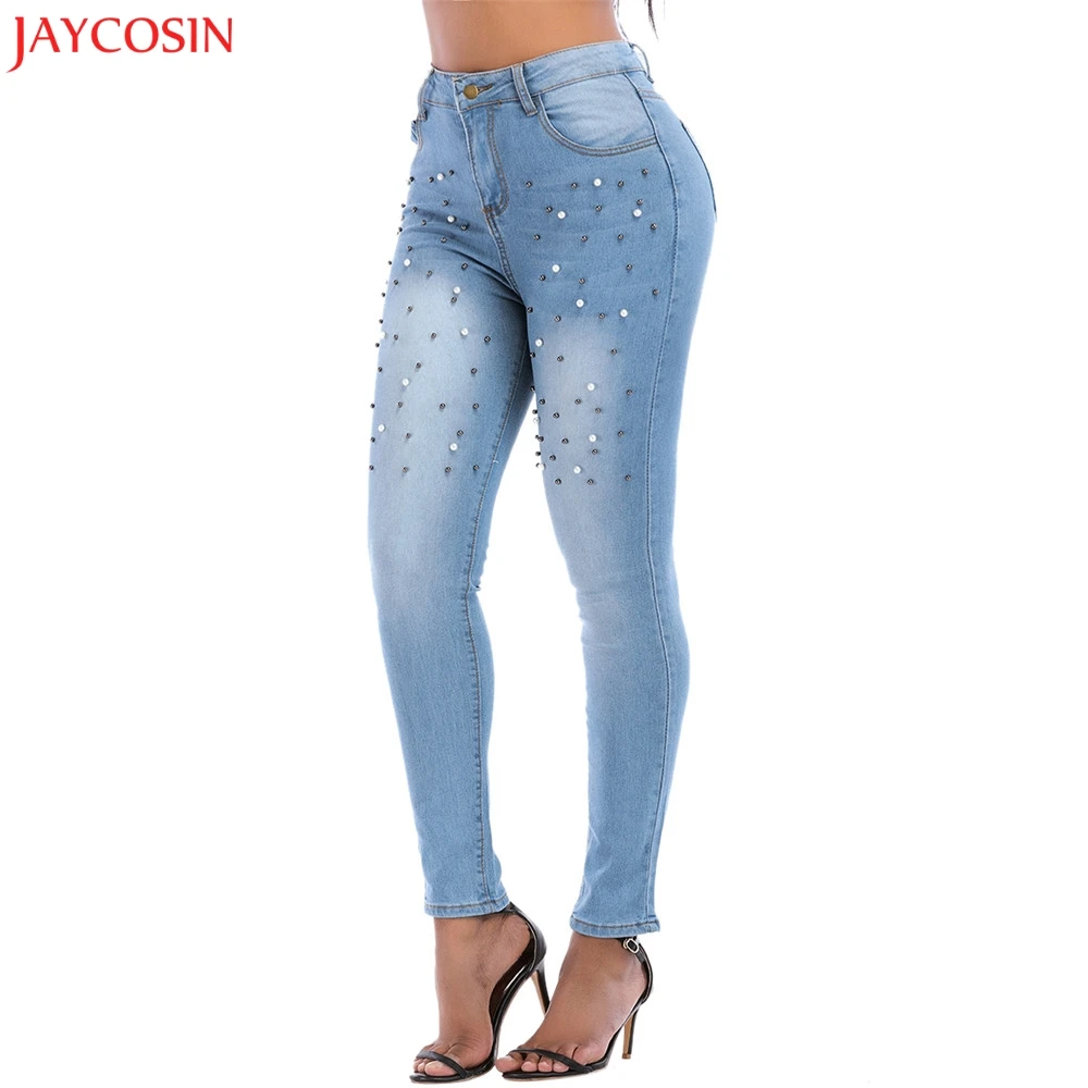 

JAYCOSIN pearl jeans Stretch Jeans Women's High Waist Stretch Slim Sexy Feet Light blue skinny Pants Casual Jeans for Women z419