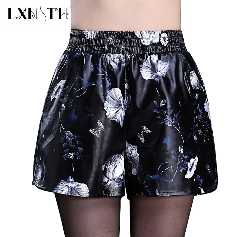 Fall Plus Size Print Faux Leather Shorts Mid Waist Pockets Elastic