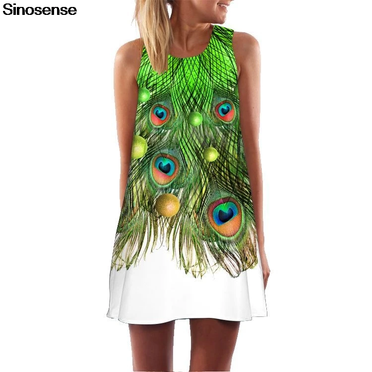 

New Summer Boho Beach Chiffon Dress 2019 Peacock Feather Printed Vintage Holiday Vocation Dress Casual Mini Short Loose Dress