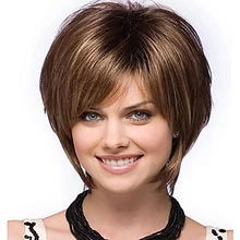 HAIRJOY Women Straight Bangs Style Pixie Cut 14inch Synthetic Hair Wig Brown Mixed Short Natural Wigs HAIRJOY Women Straight Bangs Style Pixie Cut 14inch Synthetic Hair Wig Brown Mixed Short Natural Wigs